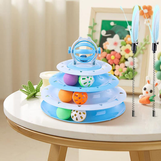 Interactive 4-Tier Roller Track Cat Toys with Colorful Chase Balls & Funny Cat Stick for Stimulating Kitty Senses & Hunting Instincts Geometric Design Anti-Slip Pads Safe Durable Material